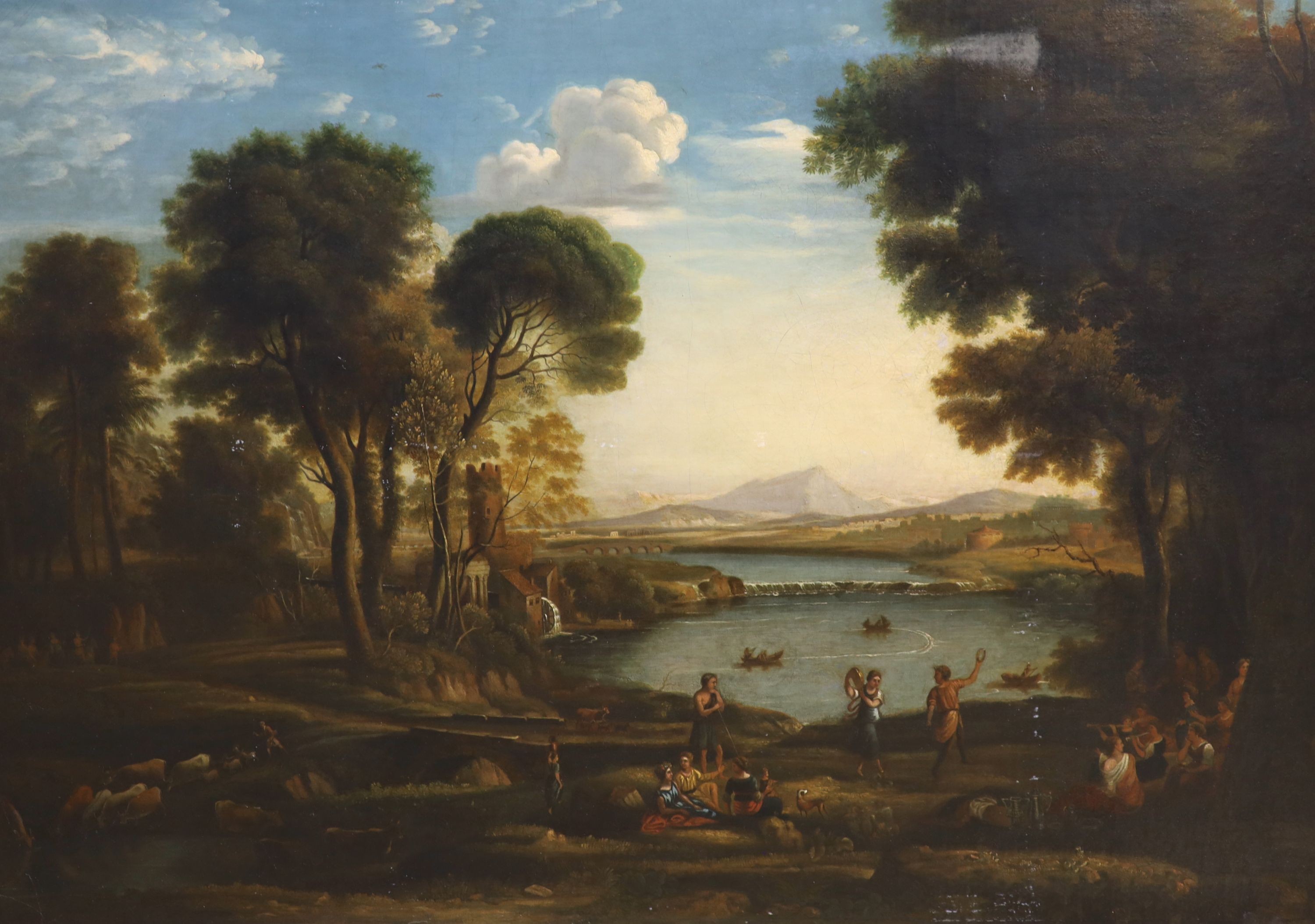 After Claude Lorrain, oil on canvas, Classical landscape, Simon Dickinson label verso, 76 x 107cm, unframed